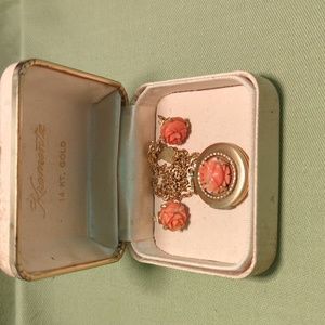 Gold antique carved celluloid coral rose locket & earring SET, original box